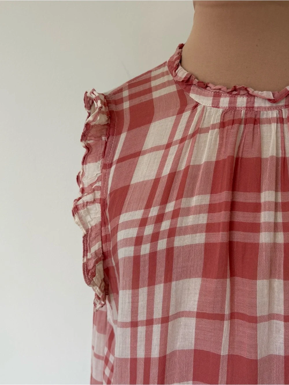 Anthropologie Isabella Sinclair Plaid Red Sheer Cotton Ruffle-Sleeve Top Sz M